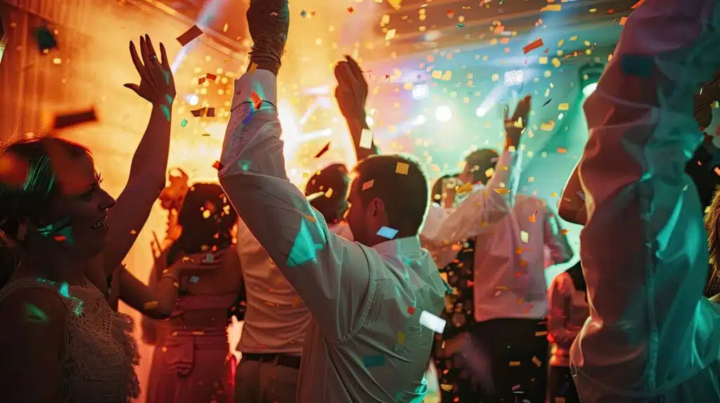 Lachende Gäste feiern tanzend auf der Tanzfläche bei der Hochzeit DJ Walsrode